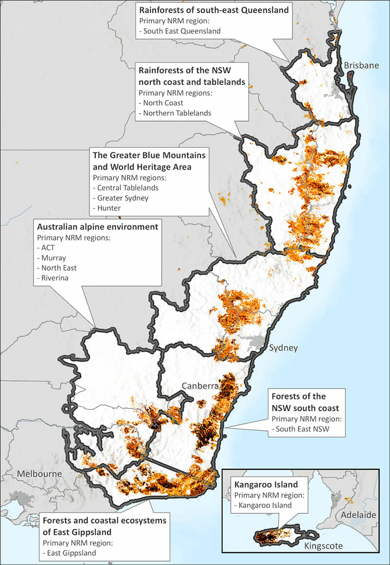 Map depicting affected bushfire regions in 2019-2020